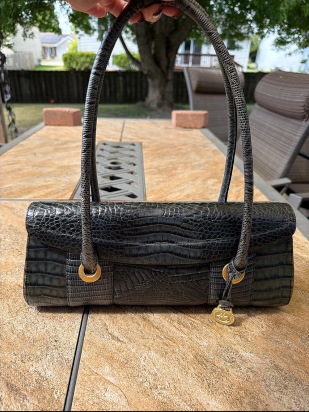 Black Croc-Texture Shoulder Bag with Gold Accent